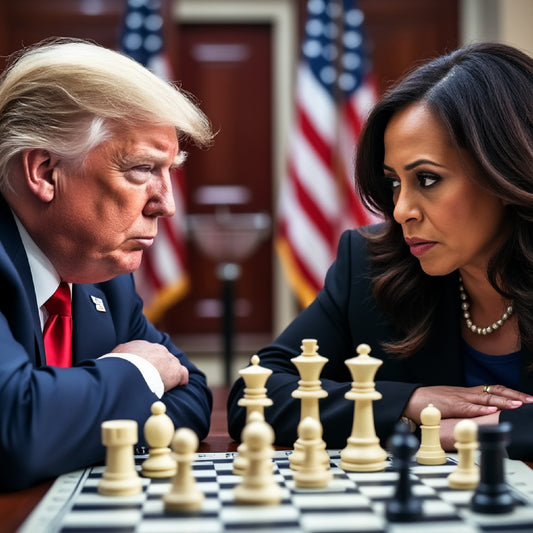 Donald Trump and Kamala Harris engaged in a chess match. Trump, on one side of the board, looks confident and strategic, while Harris, on the opposite side, appears focused and contemplative.