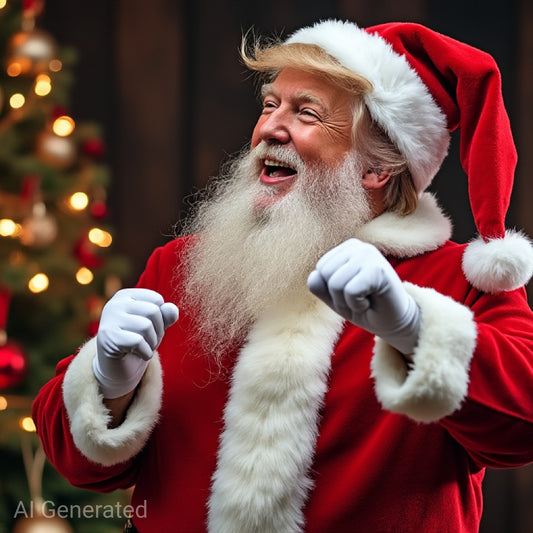 Santa Trump grooves to victory, spreading holiday cheer with a controversial twist.