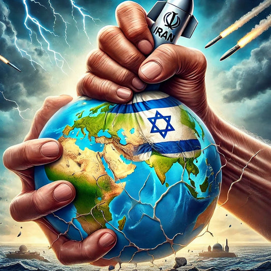 A globe squeezed by hands labeled 'Israel' with a Star of David shield and 'Iran' with a missile. The globe cracks under strain.
