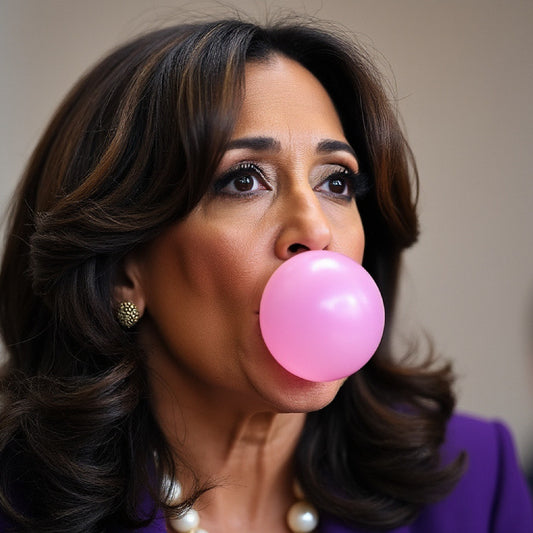 Kamala Harris casually blowing a bubble with gum, symbolizing a lighthearted or carefree demeanor amidst serious political challenges, used as a metaphor for her perceived approach to handling critical issues like the border crisis and inflation.