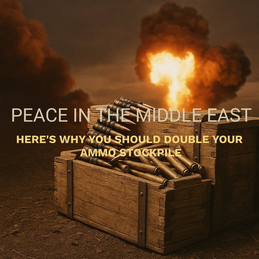 Ammunition crate with bullets and fiery explosion backdrop — survival prepping image for blog on why to double your ammo stockpile during Middle East ceasefire 2025.