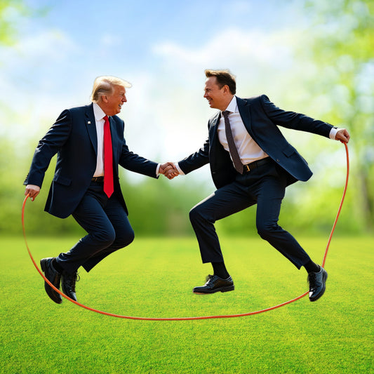 Image of Donald Trump and Elon Musk, smiling and energetically jumping rope together outdoors, symbolizing their collaborative spirit to lead America towards prosperity.