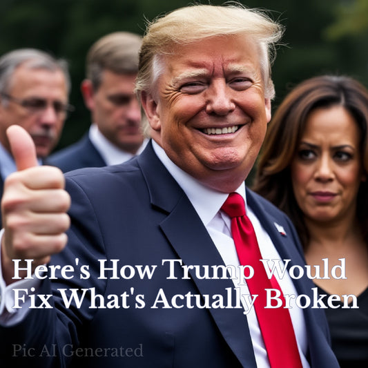 An image depicting Donald Trump with a victorious smile, giving a thumbs-up to the camera, symbolizing economic success. In the background, Kamala Harris appears with a downcast expression, representing economic policies that did not fare as well.
