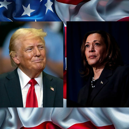 Donald trump, smirking and Kamala Harris looking concernedly off into the distance as they contemplate the 2024 election.