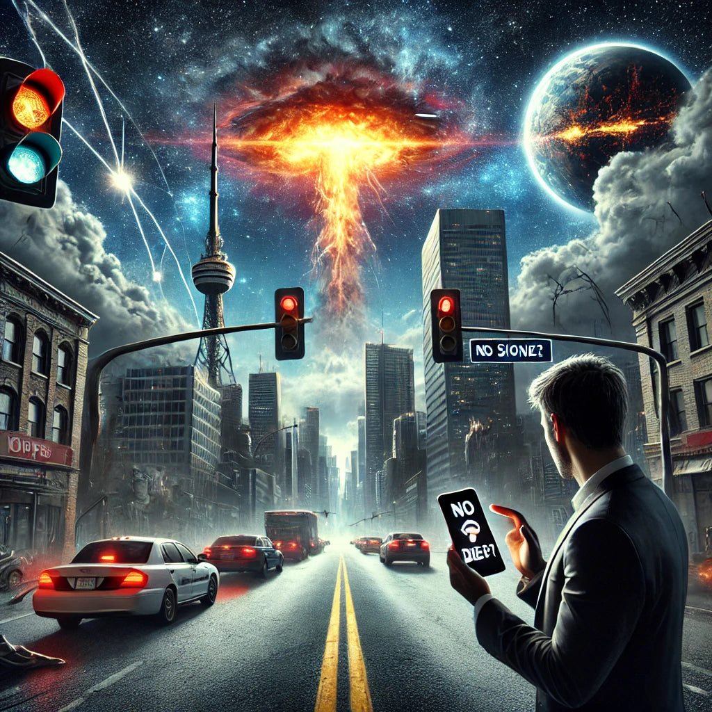 A man looking at his non working cell phone as he looks out the electromagnetic purse that destroyed it.