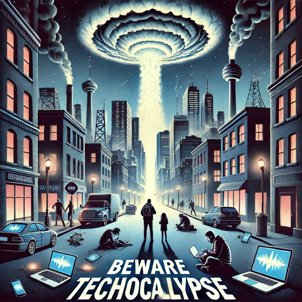 Dark cityscape illustrating EMP risk with concerned people and non-functional electronics, featuring text 'Beware Techocalypse'
