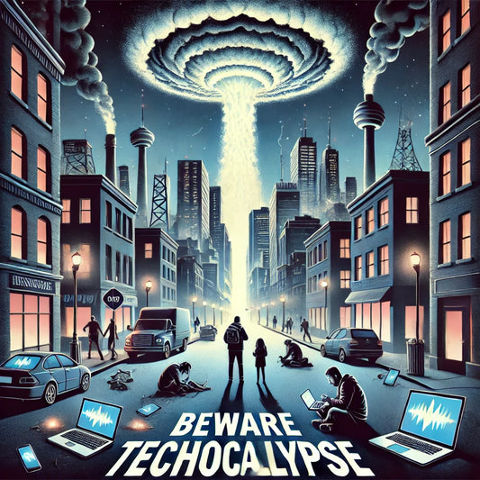 Dark cityscape illustrating EMP risk with concerned people and non-functional electronics, featuring text 'Beware Techocalypse'