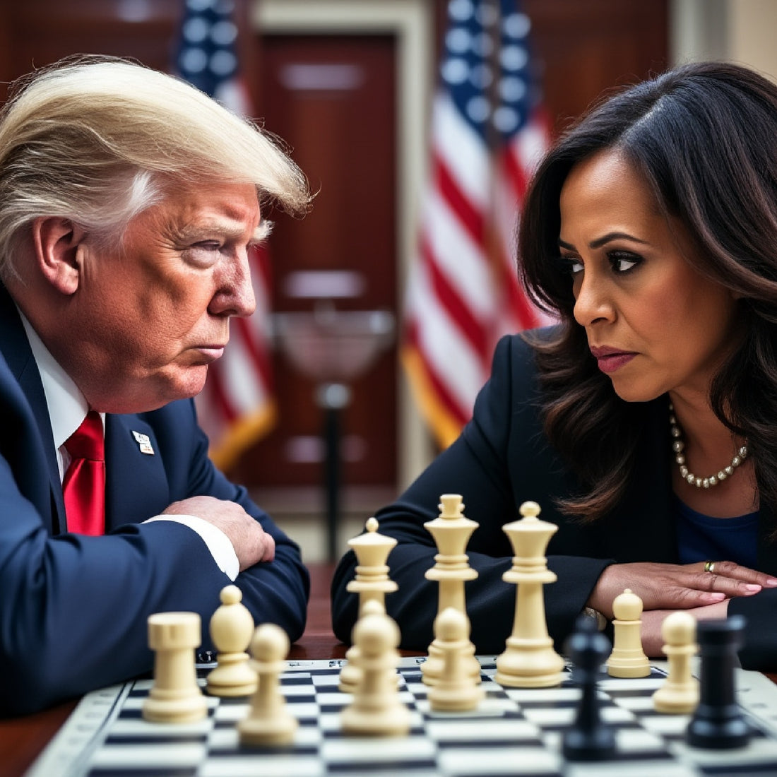 Donald Trump and Kamala Harris engaged in a chess match. Trump, on one side of the board, looks confident and strategic, while Harris, on the opposite side, appears focused and contemplative.