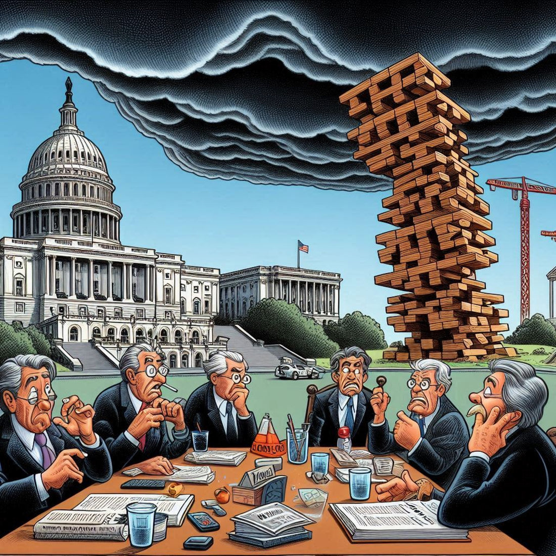 A group of government bureaucrats around a table discussing electromagnetic pulses. A giant Jenga tower teeters over the Capitol building while a menacing black cloud looms.