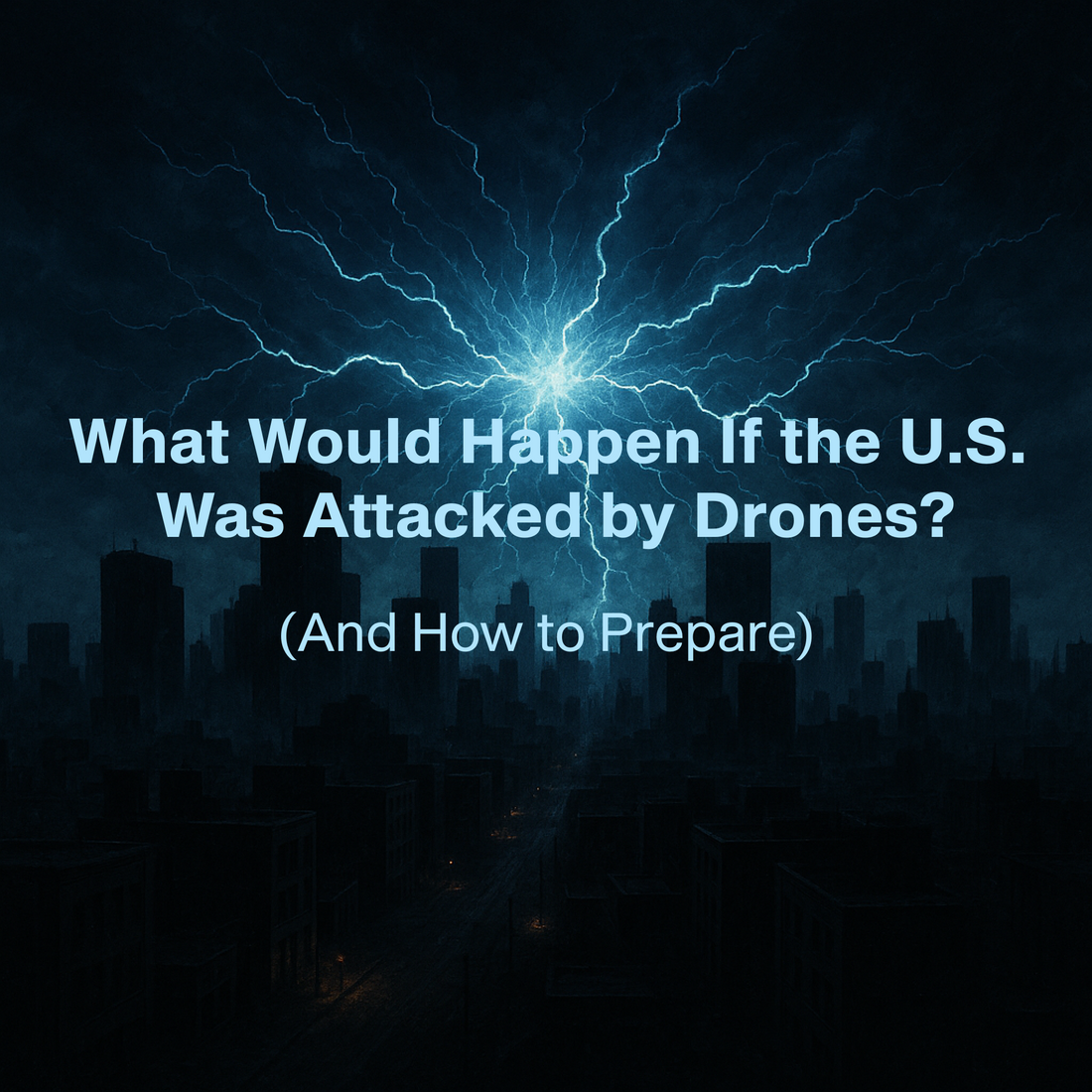 Swarm of attack drones flying over an American city skyline at dusk with fires burning below and smoke rising, illustrating a potential U.S. drone attack scenario.