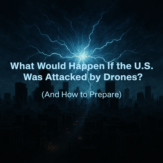 Swarm of attack drones flying over an American city skyline at dusk with fires burning below and smoke rising, illustrating a potential U.S. drone attack scenario.