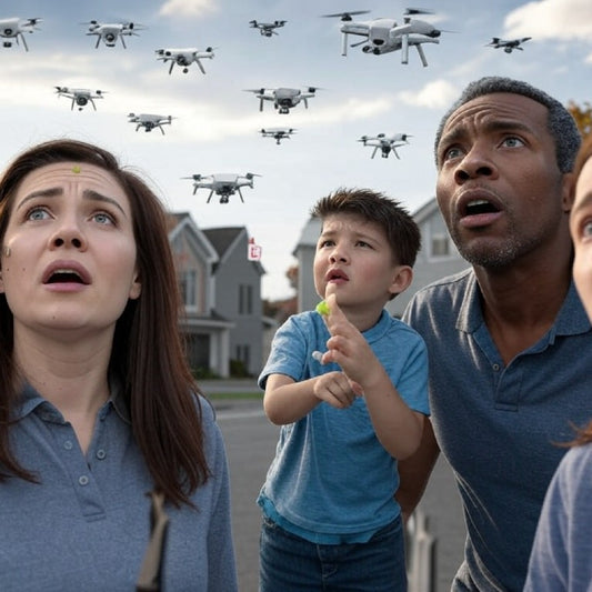 A shocked family in a suburban neighborhood stares up at the sky, watching a swarm of mysterious drones hovering overhead.