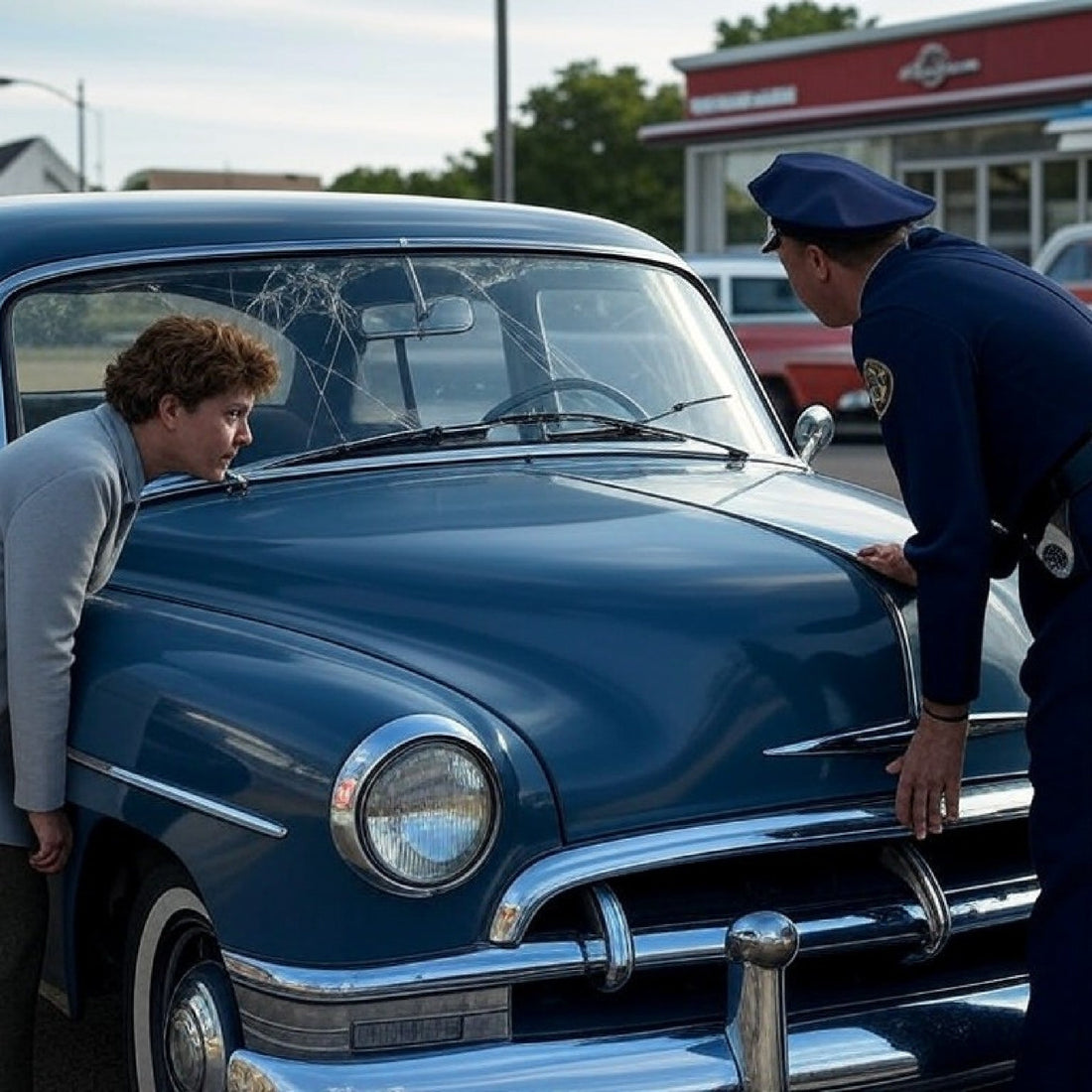 A car owner and policeman looking at what is claimed to be damage from the Seattle Windshield Pitting Epidemic of 1954