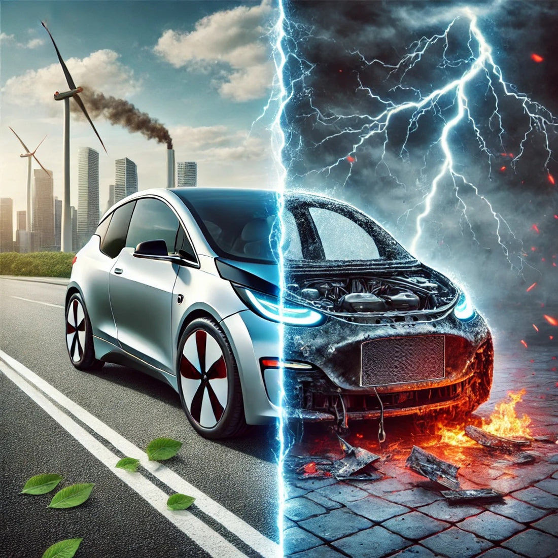 Electric car split between a pristine and a damaged, charred side, set against a backdrop of a futuristic city and a dark, dystopian landscape.