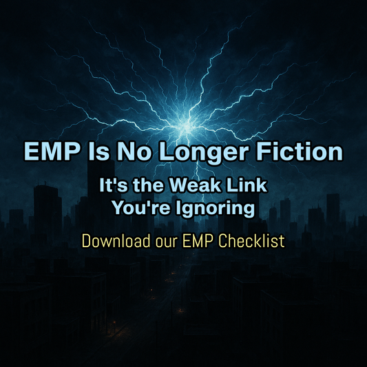 A dark, dystopian city skyline sits beneath a stormy night sky as a massive electromagnetic pulse explosion radiates bright blue lightning across the clouds, illuminating the deserted streets and high-rise buildings below.