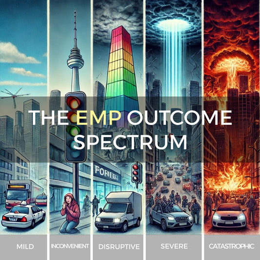 EMP impact levels, showing progression from mild device disruptions to severe citywide chaos and destruction