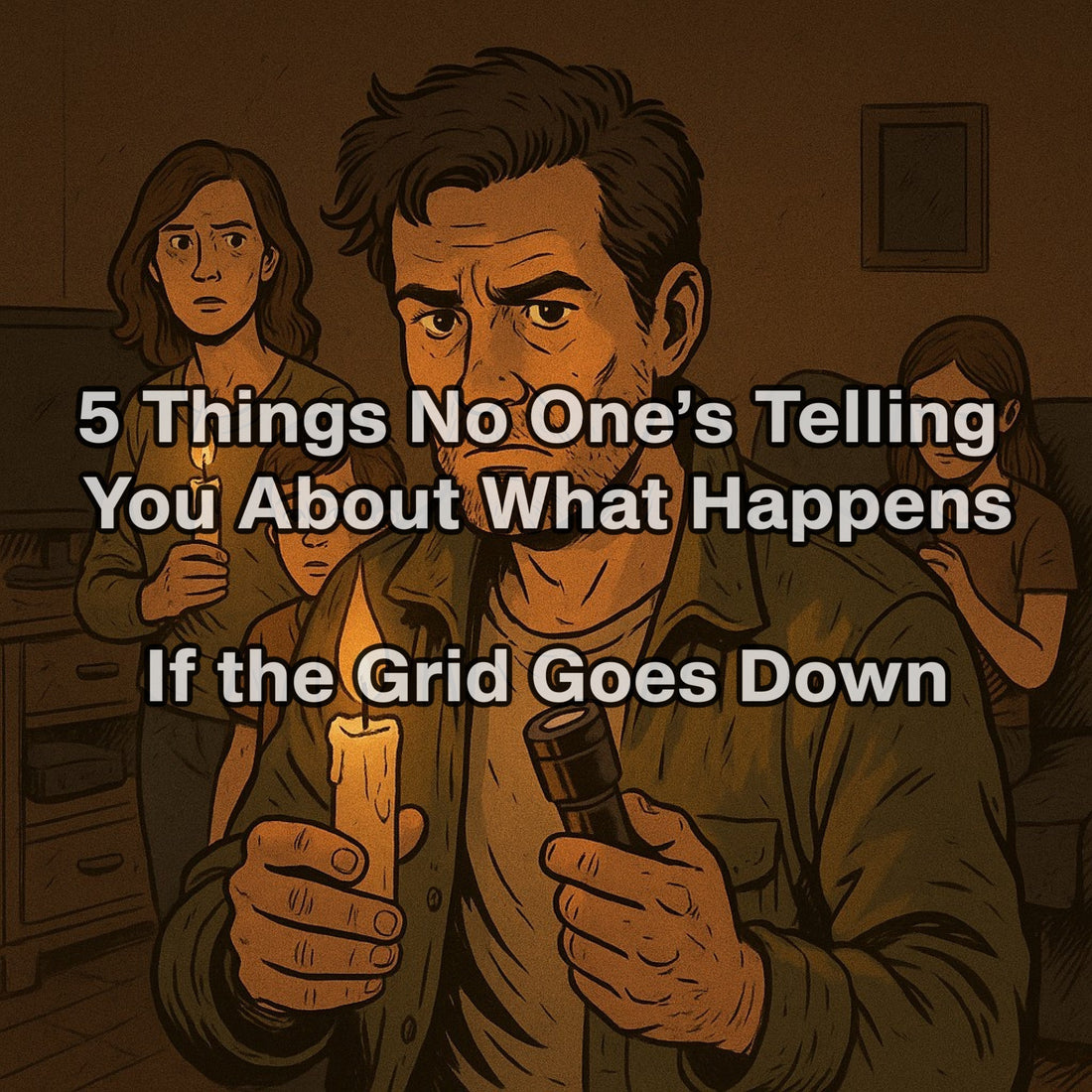 A rugged man holds a candle and flashlight during a power outage while his worried family stands behind him in a dimly lit room — a tense, cinematic moment of survival and resilience.