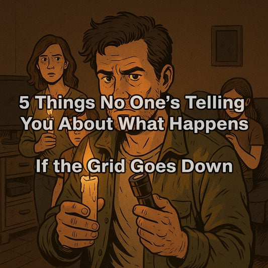 A rugged man holds a candle and flashlight during a power outage while his worried family stands behind him in a dimly lit room — a tense, cinematic moment of survival and resilience.
