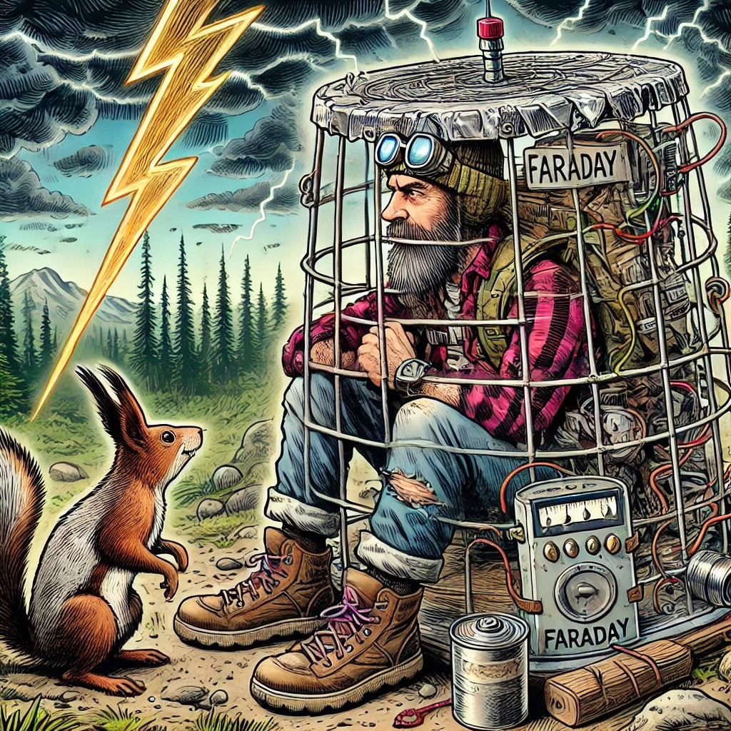 Survivalist with a DIY Faraday cage protecting gear, dodging lightning, and joined by a curious squirrel in a stormy wilderness.