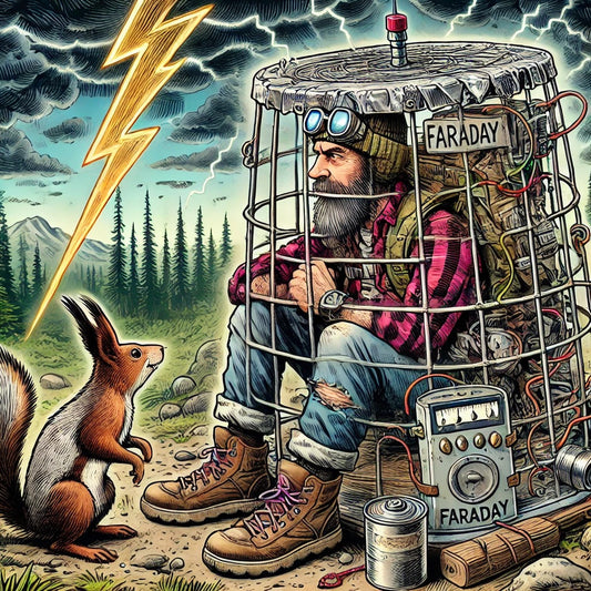 Survivalist with a DIY Faraday cage protecting gear, dodging lightning, and joined by a curious squirrel in a stormy wilderness.