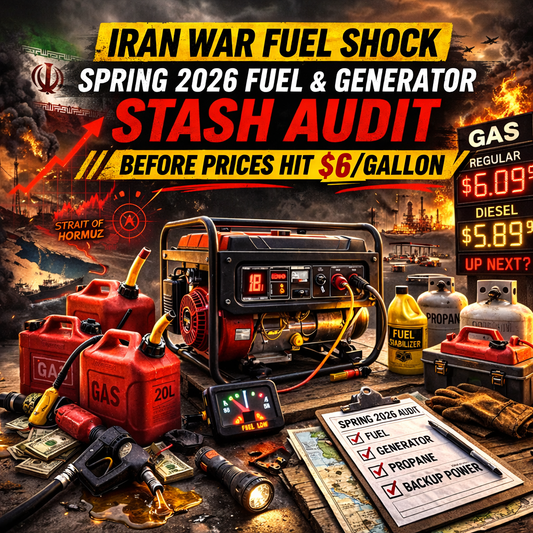 Generator surrounded by red gas cans, propane tanks, and a rising $6+ gas price sign as oil fires burn in the background — bold headline reads “Iran War Fuel Shock: Spring 2026 Stash Audit.