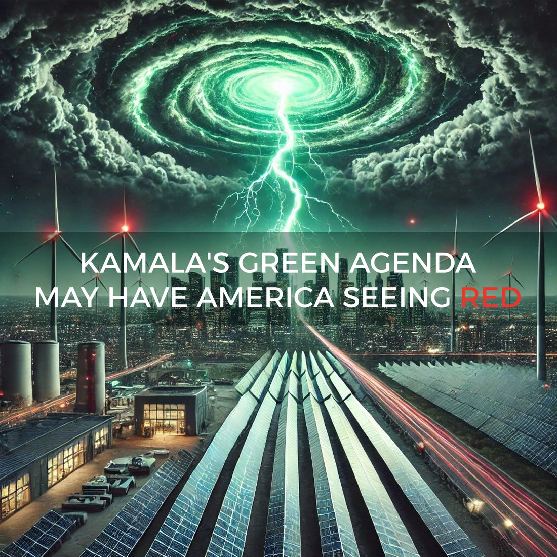 A green energy-powered city threatened by a dark EMP wave, highlighting risks of a green political agenda