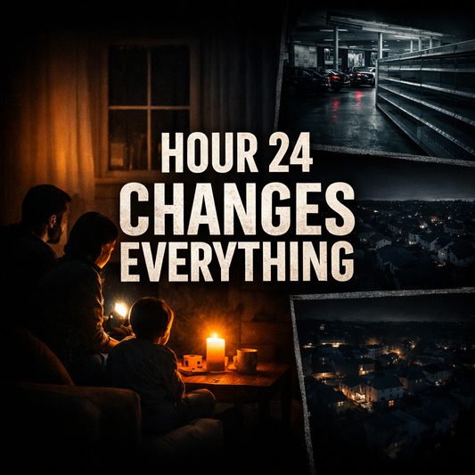 Family sitting in darkness during a power outage using candlelight while nearby empty grocery shelves and dark neighborhoods illustrate a 72-hour blackout survival scenario and emergency preparedness risks.