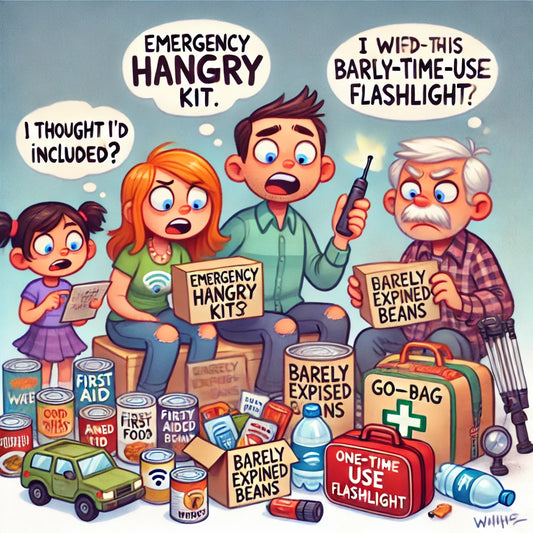 A humorous cartoon illustration of a family preparing for a disaster. They are surrounded by essential items, including canned food, water bottles, a first aid kit, a flashlight, and a go-bag.