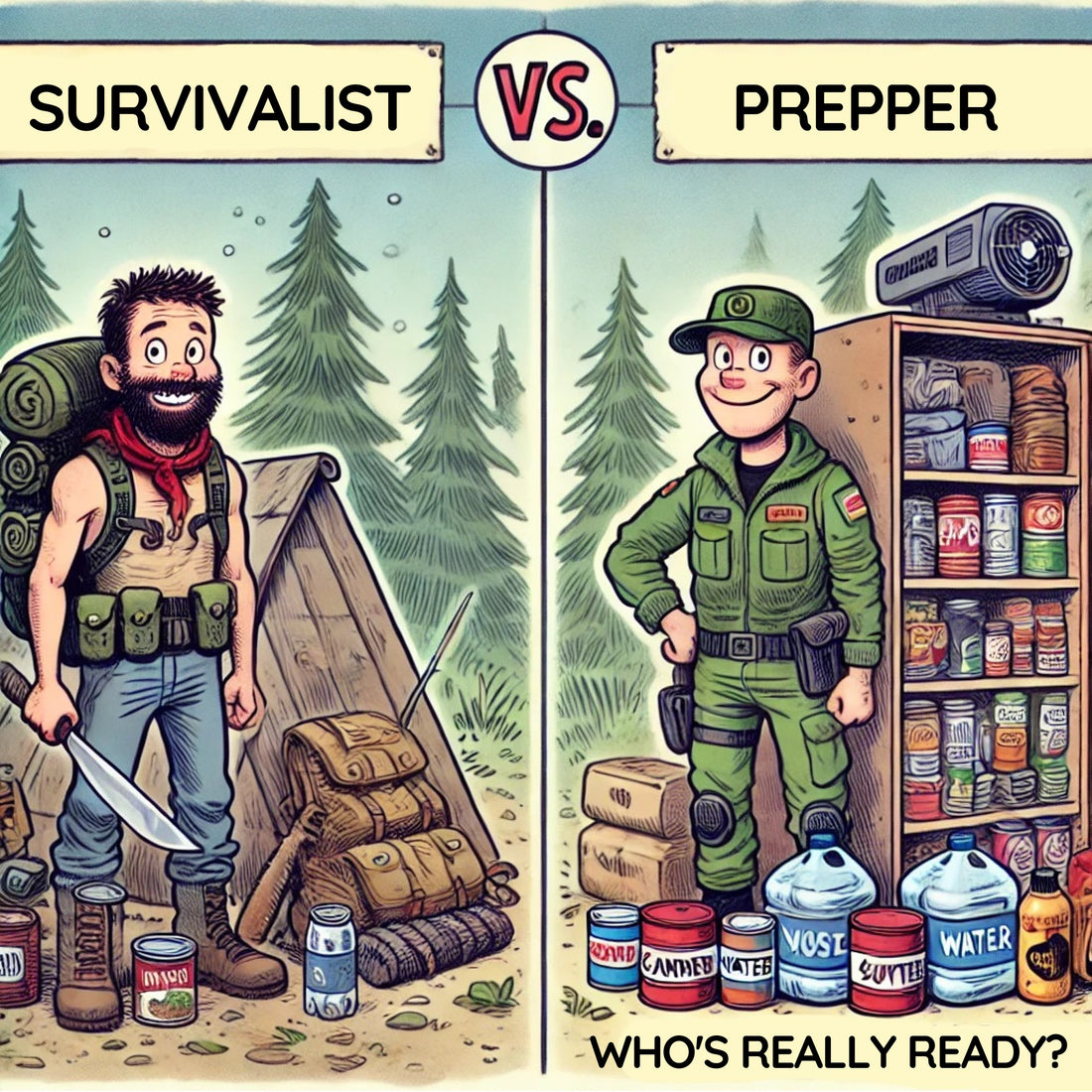 Cartoon of a survivalist with minimal gear vs. a prepper with a stocked bunker, each looking ready. Caption: "Survivalist vs. Prepper – Who’s Really Ready?"