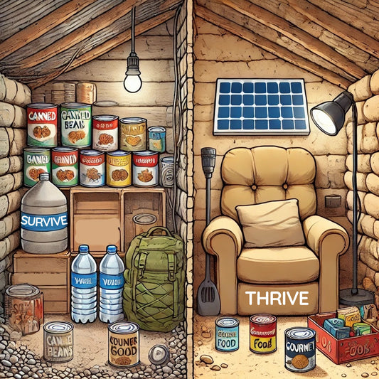 Cartoon of a survival bunker split in two: one side sparse with canned beans and water, the other cozy with gourmet food and armchair.