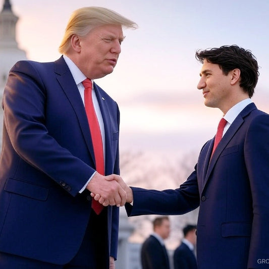 Trump towers over tiny Trudeau at sunrise Capitol, no Canadian flags, satirical take on 51st state.