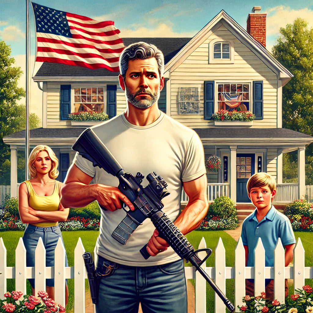 Father with AR-15 outside suburban home with picket fence, American flag, and family in yard. Highlighting home protection.