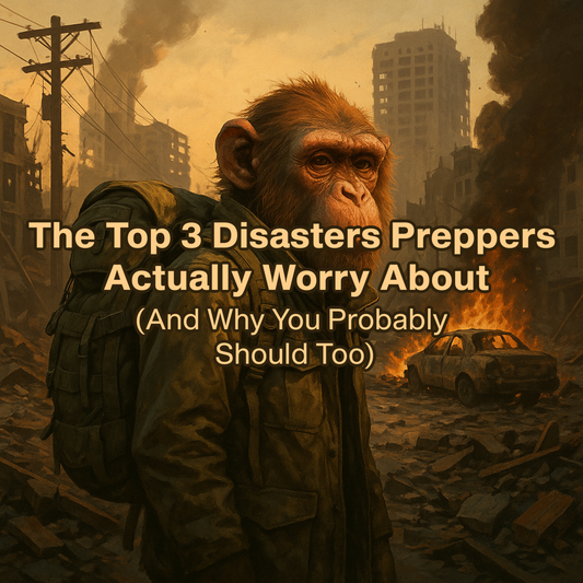 Post-apocalyptic survival ape with backpack in a ruined city, fire and smoke behind him.