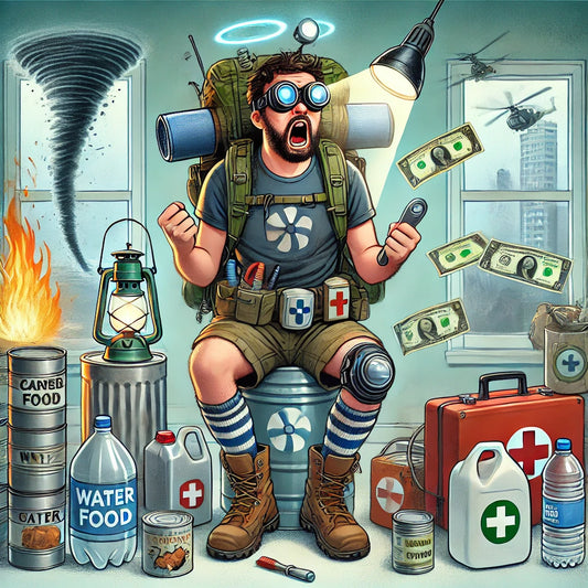 A humorous illustration of a man in a survival outfit, surrounded by various preparedness items like canned food, water jugs, a gas mask, and a first-aid kit