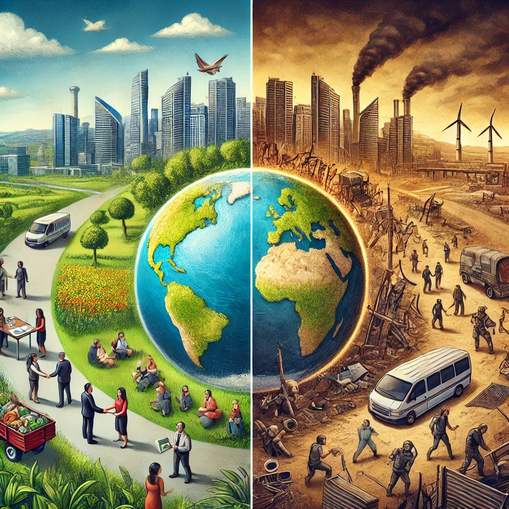 A split image: left shows harmony with diverse people, greenery, and buildings; right shows chaos with distressed people, ruins, and desolation.