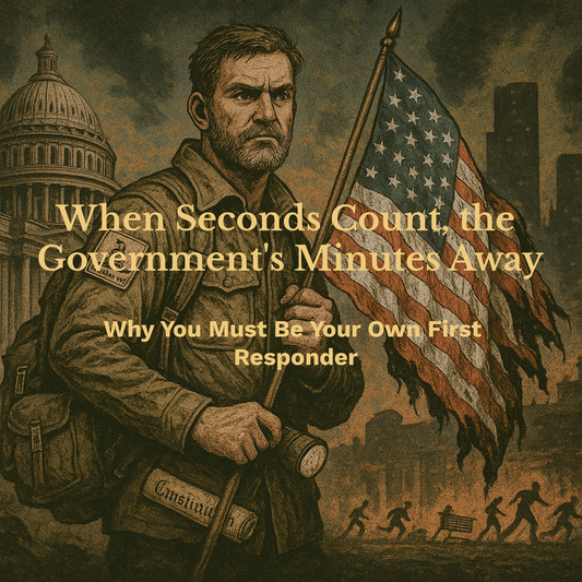 Rugged man with American flag and bold text urging self-reliance: "Be Your Own First Responder – When Seconds Count, the Government’s Minutes Away."