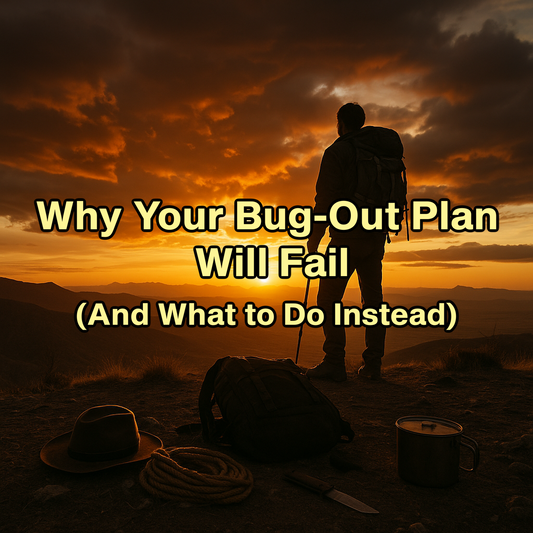 A lone hiker stands on a rugged mountain ridge at sunset, surrounded by survival gear including a backpack, rope, knife, hat, and metal pot. The fiery sky and vast wilderness evoke themes of preparedness, resilience, and self-reliance.