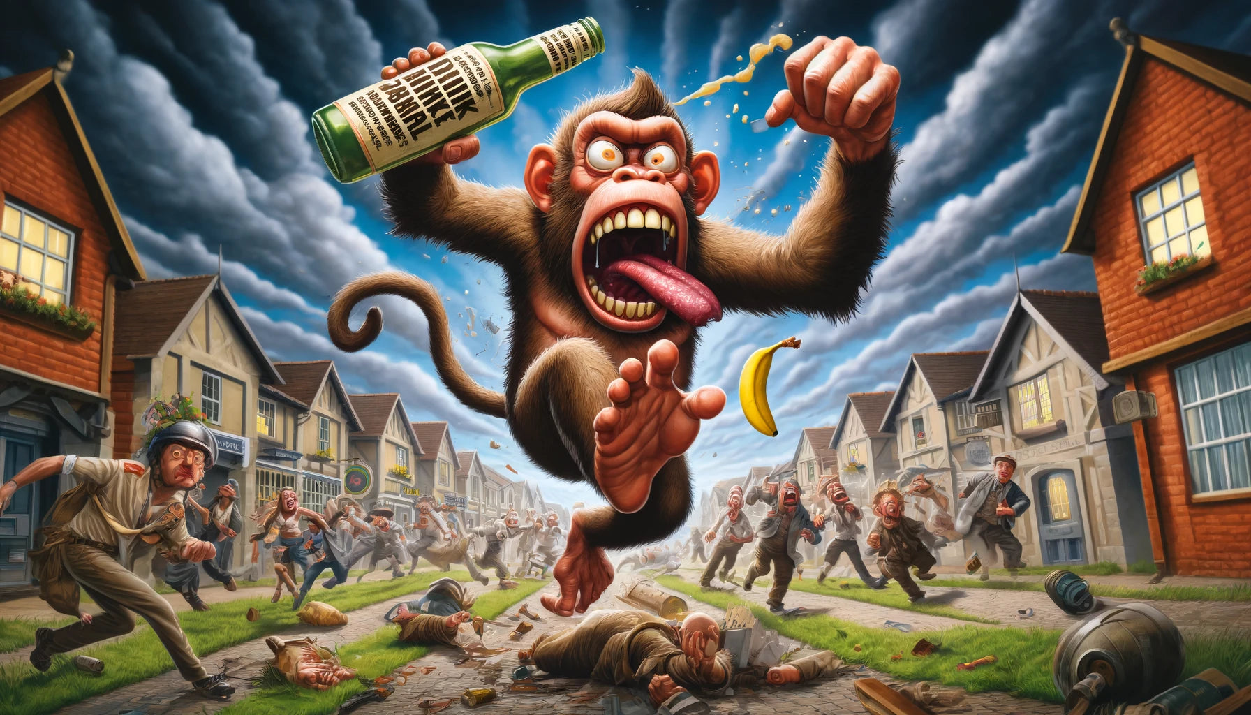 Image of a chaotic scene in a town, with a cartoonish ape stumbling around, holding a bottle, and causing mischief, symbolizing unpredictability and the need for preparedness.